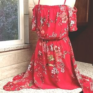 Nwt high low red Japanese floral print dress adjustable straps juniors medium